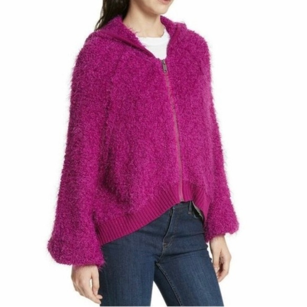 FREE PEOPLE Fushia Furry Time Boucle Teddy Hooded Zip Front Jacket , Sz M